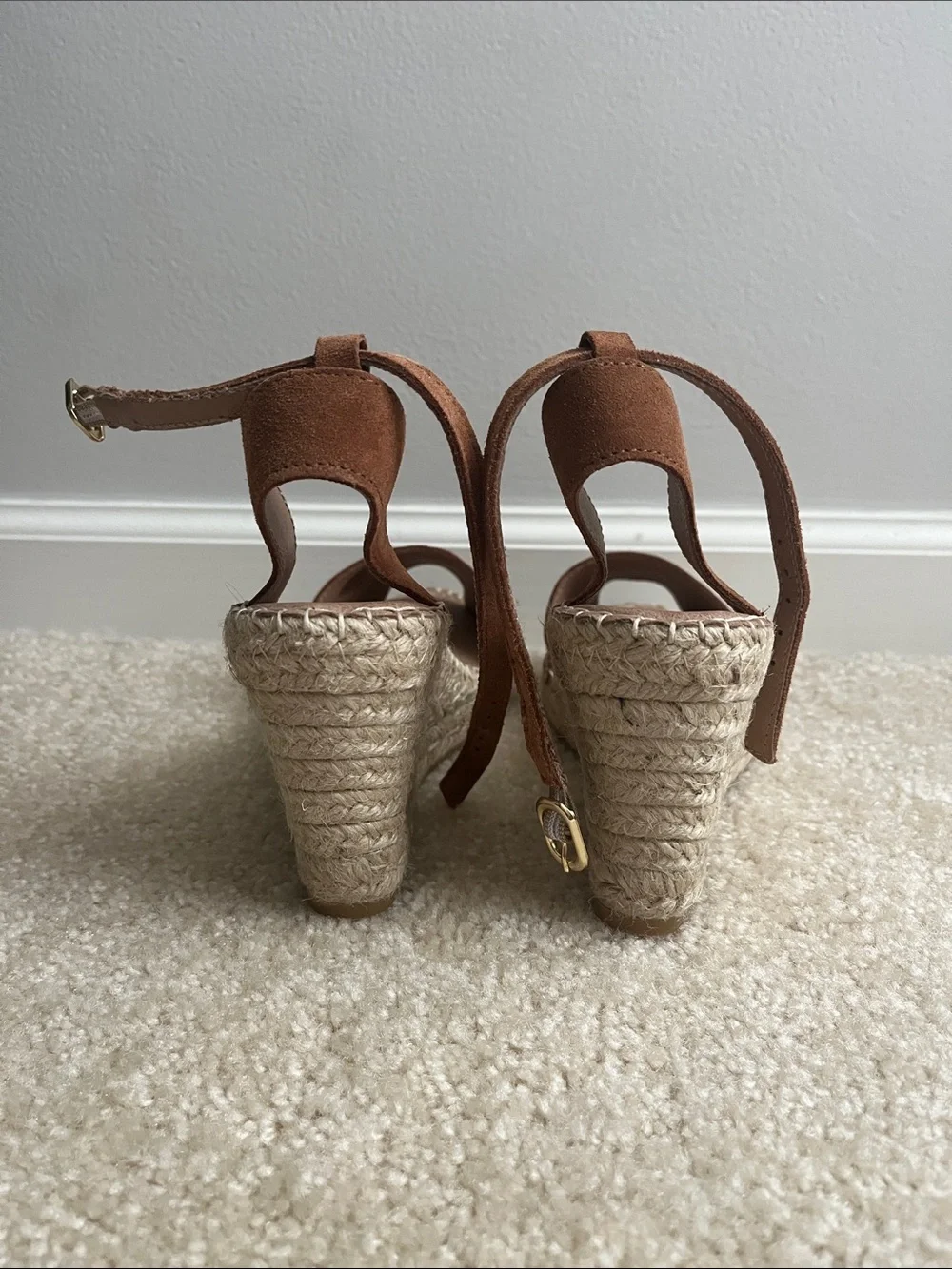 Suede Espadrille Wedge Sandals in Cognac Brown
